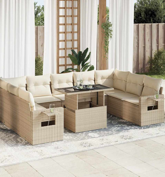 10-tlg. Garten-Sofagarnitur mit Kissen Beige Poly Rattan