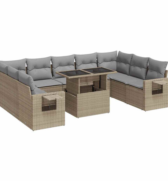 10-tlg. Garten-Sofagarnitur mit Kissen Beige Poly Rattan