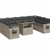 10-tlg. Garten-Sofagarnitur mit Kissen Hellgrau Poly Rattan