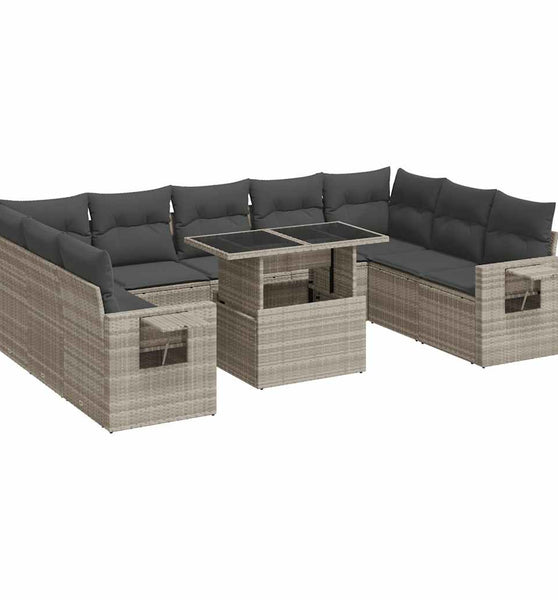 10-tlg. Garten-Sofagarnitur mit Kissen Hellgrau Poly Rattan
