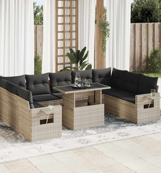 10-tlg. Garten-Sofagarnitur mit Kissen Hellgrau Poly Rattan