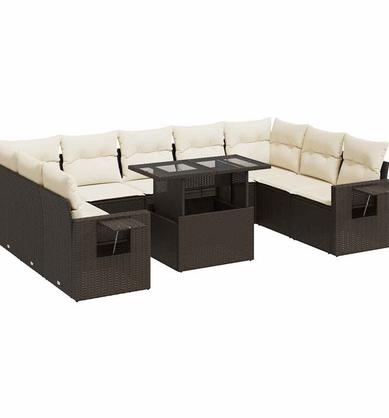 10-tlg. Garten-Sofagarnitur mit Kissen Braun Poly Rattan