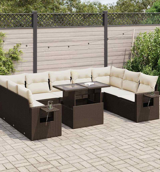 10-tlg. Garten-Sofagarnitur mit Kissen Braun Poly Rattan