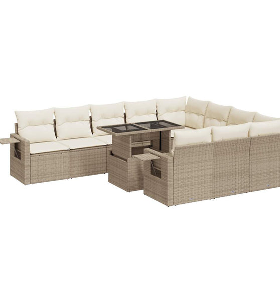 11-tlg. Garten-Sofagarnitur mit Kissen Beige Poly Rattan
