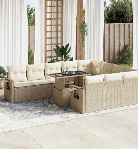 11-tlg. Garten-Sofagarnitur mit Kissen Beige Poly Rattan