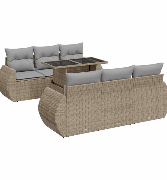 7-tlg. Garten-Sofagarnitur mit Kissen Beige Poly Rattan