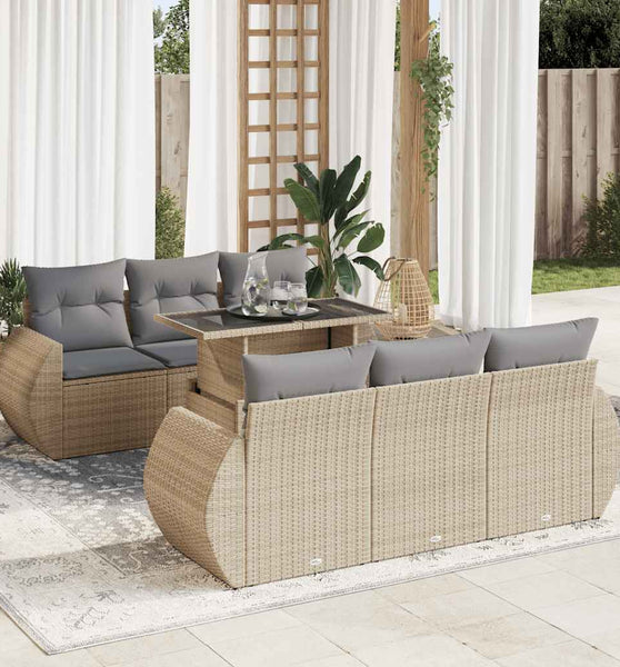 7-tlg. Garten-Sofagarnitur mit Kissen Beige Poly Rattan
