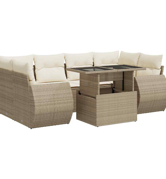7-tlg. Garten-Sofagarnitur mit Kissen Beige Poly Rattan
