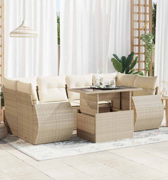 7-tlg. Garten-Sofagarnitur mit Kissen Beige Poly Rattan