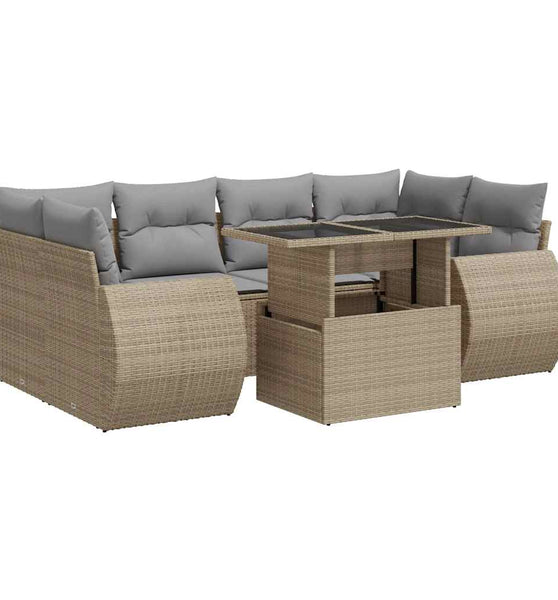 7-tlg. Garten-Sofagarnitur mit Kissen Beige Poly Rattan