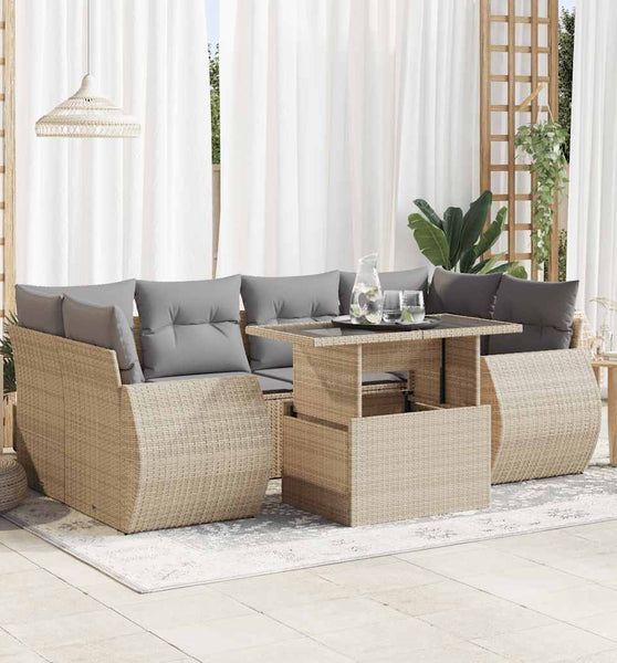 7-tlg. Garten-Sofagarnitur mit Kissen Beige Poly Rattan