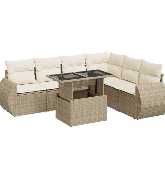 7-tlg. Garten-Sofagarnitur mit Kissen Beige Poly Rattan