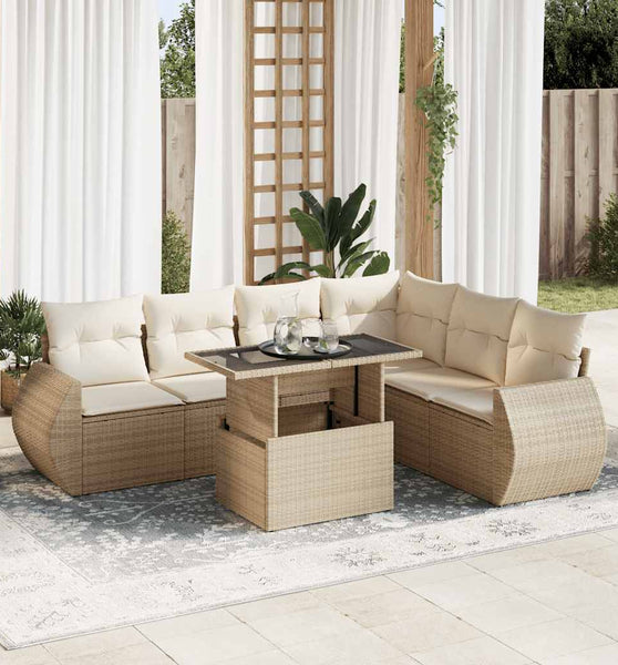 7-tlg. Garten-Sofagarnitur mit Kissen Beige Poly Rattan
