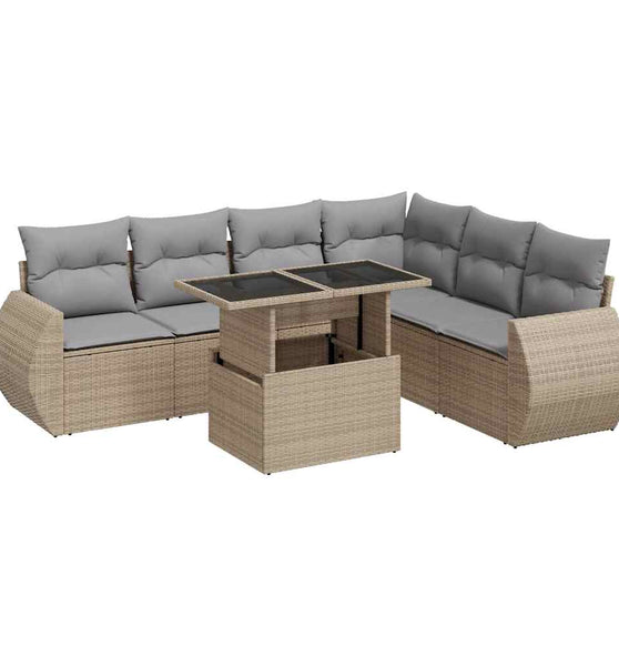 7-tlg. Garten-Sofagarnitur mit Kissen Beige Poly Rattan
