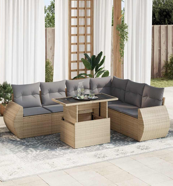 7-tlg. Garten-Sofagarnitur mit Kissen Beige Poly Rattan