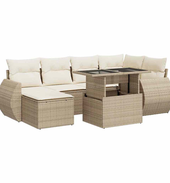 7-tlg. Garten-Sofagarnitur mit Kissen Beige Poly Rattan