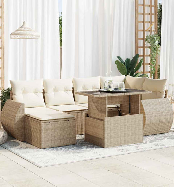 7-tlg. Garten-Sofagarnitur mit Kissen Beige Poly Rattan