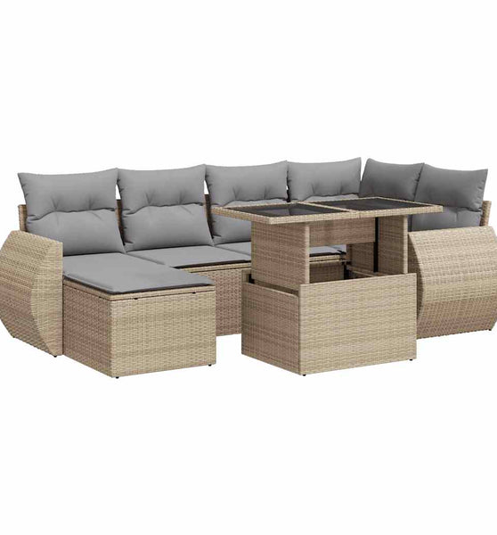 7-tlg. Garten-Sofagarnitur mit Kissen Beige Poly Rattan