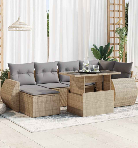 7-tlg. Garten-Sofagarnitur mit Kissen Beige Poly Rattan