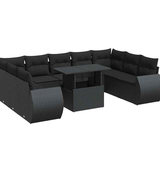 10-tlg. Garten-Sofagarnitur mit Kissen Schwarz Poly Rattan