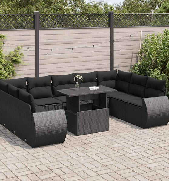 10-tlg. Garten-Sofagarnitur mit Kissen Schwarz Poly Rattan