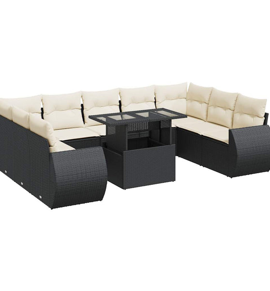 10-tlg. Garten-Sofagarnitur mit Kissen Schwarz Poly Rattan