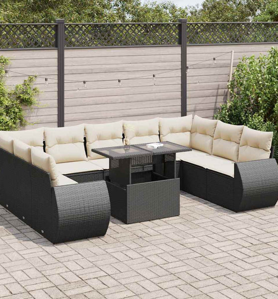 10-tlg. Garten-Sofagarnitur mit Kissen Schwarz Poly Rattan