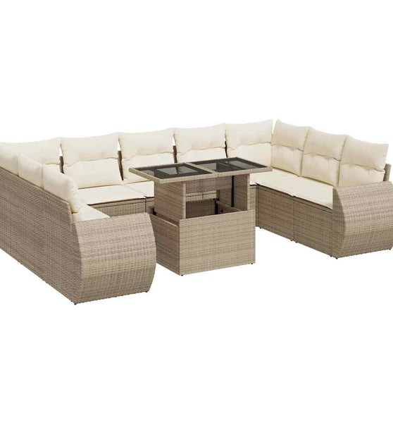 10-tlg. Garten-Sofagarnitur mit Kissen Beige Poly Rattan