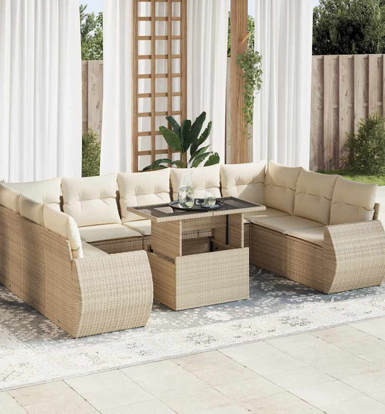 10-tlg. Garten-Sofagarnitur mit Kissen Beige Poly Rattan