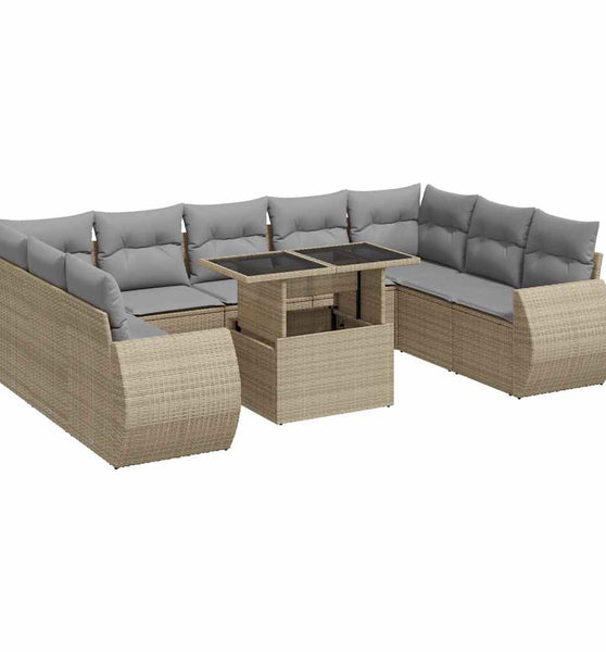 10-tlg. Garten-Sofagarnitur mit Kissen Beige Poly Rattan