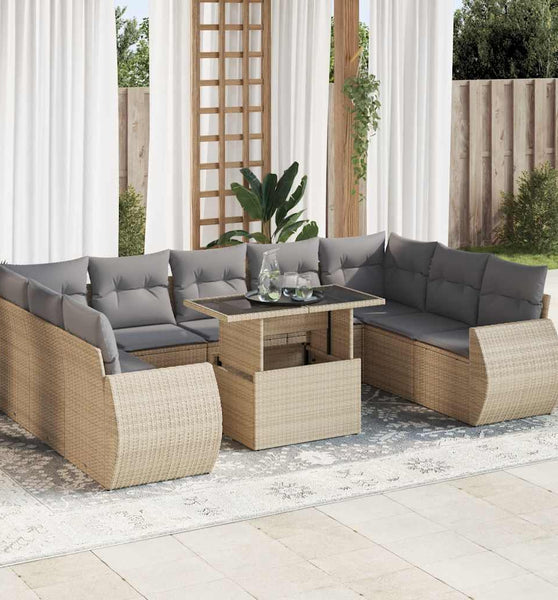 10-tlg. Garten-Sofagarnitur mit Kissen Beige Poly Rattan