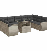 10-tlg. Garten-Sofagarnitur mit Kissen Hellgrau Poly Rattan