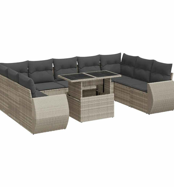 10-tlg. Garten-Sofagarnitur mit Kissen Hellgrau Poly Rattan