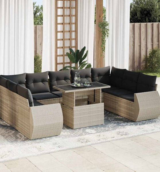 10-tlg. Garten-Sofagarnitur mit Kissen Hellgrau Poly Rattan