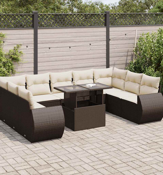 10-tlg. Garten-Sofagarnitur mit Kissen Braun Poly Rattan