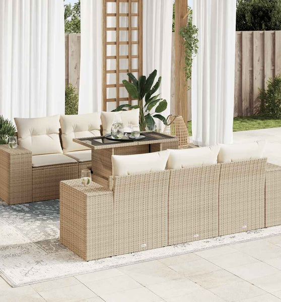 7-tlg. Garten-Sofagarnitur mit Kissen Beige Poly Rattan