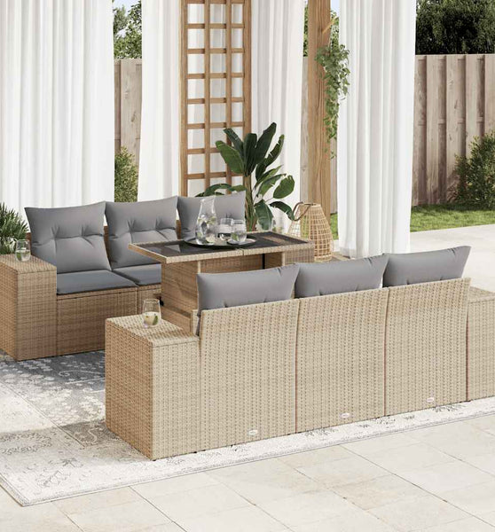 7-tlg. Garten-Sofagarnitur mit Kissen Beige Poly Rattan