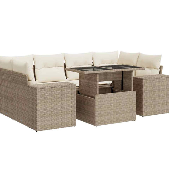7-tlg. Garten-Sofagarnitur mit Kissen Beige Poly Rattan