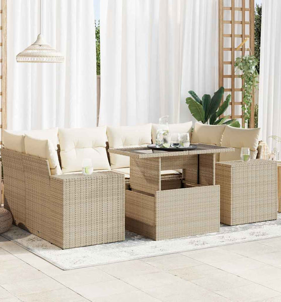 7-tlg. Garten-Sofagarnitur mit Kissen Beige Poly Rattan
