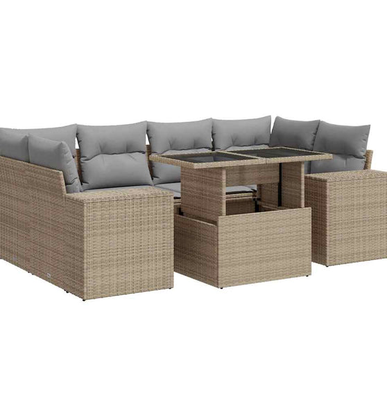 7-tlg. Garten-Sofagarnitur mit Kissen Beige Poly Rattan