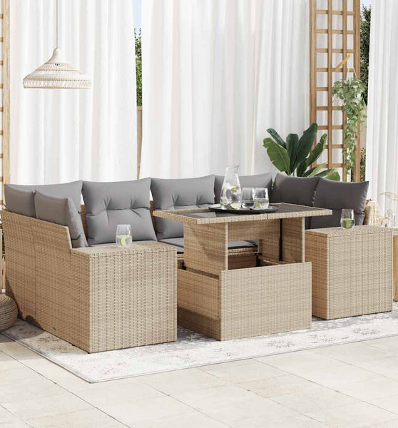7-tlg. Garten-Sofagarnitur mit Kissen Beige Poly Rattan