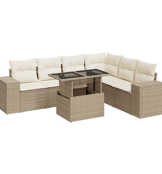 7-tlg. Garten-Sofagarnitur mit Kissen Beige Poly Rattan