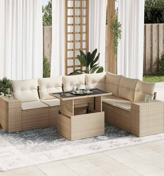 7-tlg. Garten-Sofagarnitur mit Kissen Beige Poly Rattan