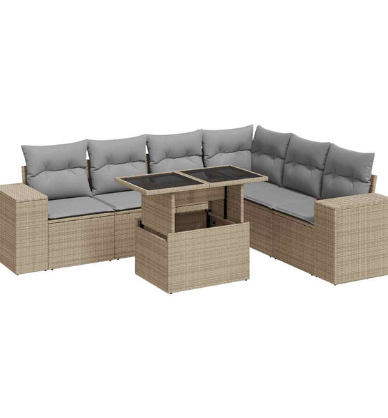 7-tlg. Garten-Sofagarnitur mit Kissen Beige Poly Rattan