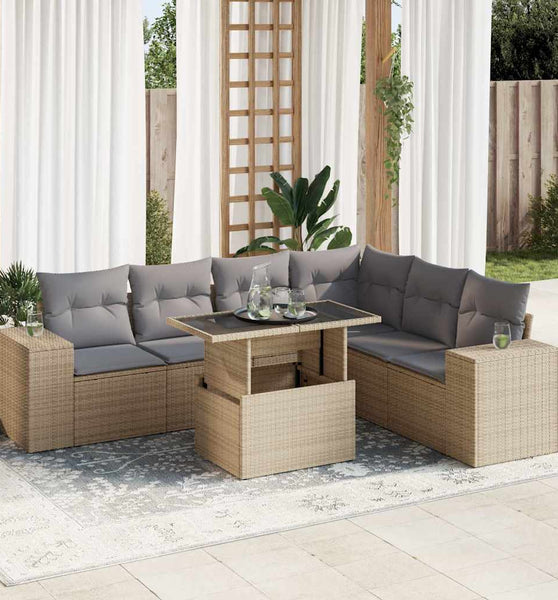7-tlg. Garten-Sofagarnitur mit Kissen Beige Poly Rattan