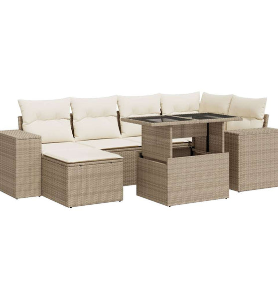 7-tlg. Garten-Sofagarnitur mit Kissen Beige Poly Rattan