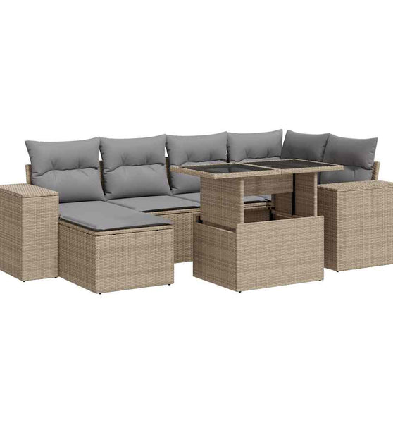 7-tlg. Garten-Sofagarnitur mit Kissen Beige Poly Rattan