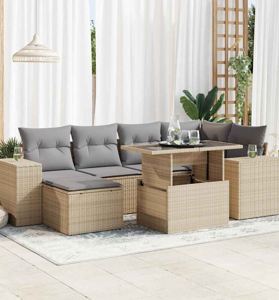 7-tlg. Garten-Sofagarnitur mit Kissen Beige Poly Rattan