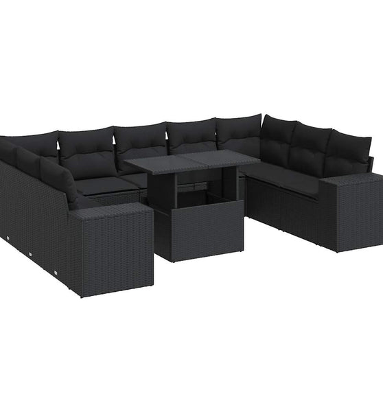 10-tlg. Garten-Sofagarnitur mit Kissen Schwarz Poly Rattan