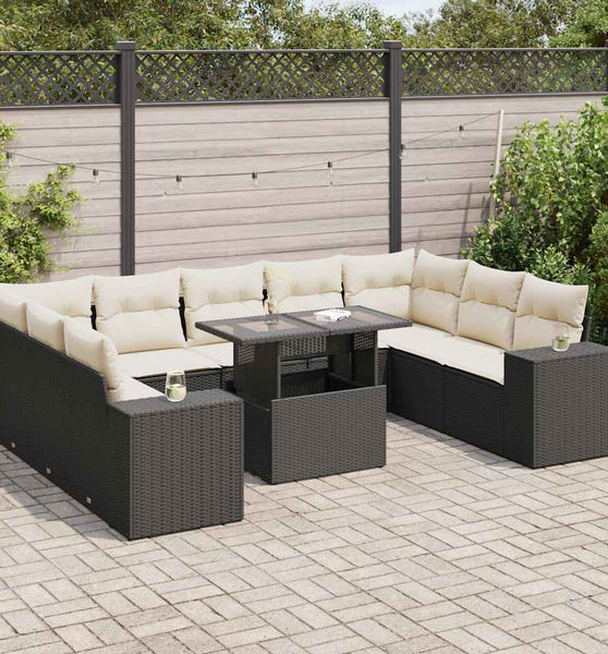 10-tlg. Garten-Sofagarnitur mit Kissen Schwarz Poly Rattan